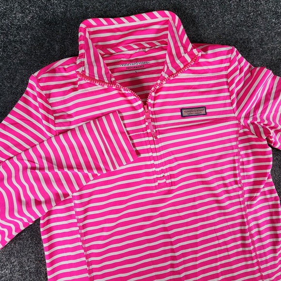 Vineyard Vines Performance Stripe Sankaty Shep 1/4 Zip Pink & White Women's Sz S - Picture 4 of 10